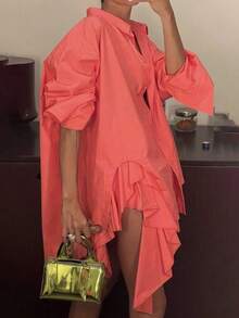 有领荷叶边下摆开衩衬衫 - 珊瑚粉 - 查看 1