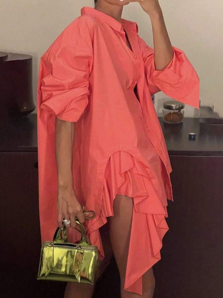 有领荷叶边下摆开衩衬衫 - 珊瑚粉 - 查看 1