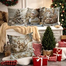 4pcs Christmas Pillow Covers, Featuring Santa Claus, Christmas Tree, Snowman, Deer And Sleigh Patterns, 2D Flat Printing (Not 3D), Contemporary Art, Washable Polyester Fabric Single-Sided Printing, Suitable For Room, Living Room, Sofa Decoration, Zipper Closure, Pillow Insert Not Included, 17.72 X 17.72 Inches - Gold - View 3