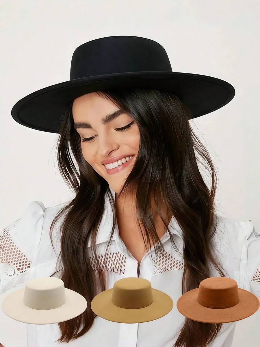 1pc Classic Four Season Flat Bottom Solid Color Top Hat, Suitable For Both Men And Women, Elegant And Versatile With A Large Brim Dome Hat, Gentlemanly British Style, Suitable For Returning To School, Halloween, Drama Performances, And Daily Casual Wear