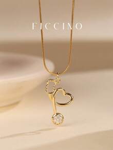 FICCINO Gold-Plated Cubic Zirconia Heart Stethoscope Pendant Necklace, Titanium Steel Gold-Plated Snake Chain Necklace, Versatile Choker Necklace, Gift For Doctors, Nurses, Holidays, Anniversaries, Comes With Box - 73n - View 1