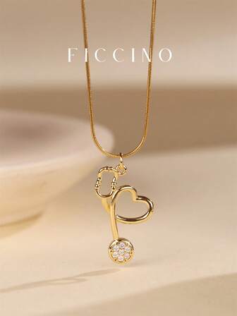  Collar con colgante de estetoscopio con corazón chapado en oro con circonita cúbica de FICCINO, collar con cadena de serpiente de acero de titanio chapado en oro, collar versátil tipo choker, regalo para médicos, enfermeras, días festivos, aniversarios, viene con caja