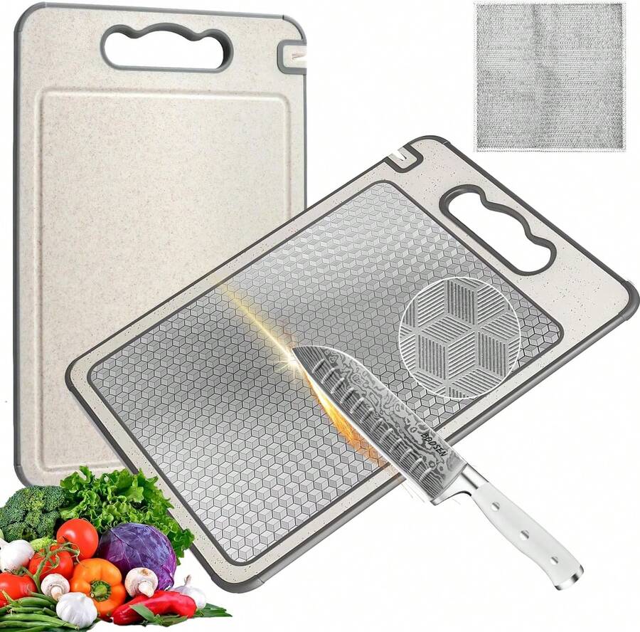 BOOSEN 2 IN 1 Tabla de Cortar de 304 Acero Inoxidable, Tablas para Picar Cocina de Doble Cara Antideslizante con Trapos de Limpieza, Titanm Cutting Board, Dise?o de Malla Resistente los Ara?azo ? - negro - Ver 1