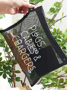 Mesh Cosmetic Bag With Data Cable Pattern,Charger Letter Pattern Design,Red Air Cushion Storage Portable Storage Bag, Makeup Bag, Skincare Bag, Travel Essentials, Dormitory Supplies, Wedding Bride Gifts, Mother Gifts, Birthday Gifts, Gifts For Friends And Teachers, Bathroom Storage, Jewelry Storage, Lip Oil And Cosmetics Storage Bag