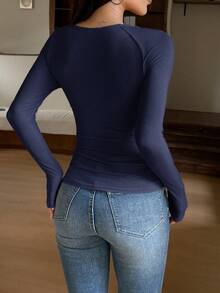 阳光女孩风格春季情人节女装返校长袖方领上衣，蕾丝领口，甜美休闲简约校园风 - 藏蓝色 - 查看 11