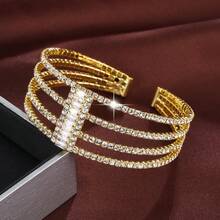 1pc Bracelet, Korean Style Minimalist And Fashionable Micro-Set Cubic Zirconia Three-Layer Wide Open Bracelet For Women, Ideal For Bridal Wedding, Parties And Events.