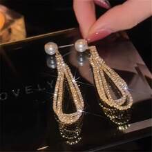 1 Pair Of Exquisite Dangle Earrings - Drop & Dangle With Inlaid Artificial Pearl, Sparkling Tassel Design, Golden Or Silvery Finish, Luxury Jewelry For Women, Durable And Hypoallergenic, Perfect For Daily Wear Or Special Occasions - 銀色 - 查看 4