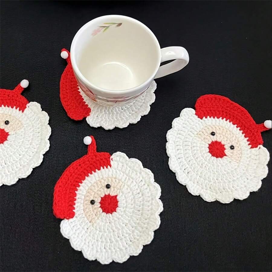 1/3pcs Handmade Crochet Santa Claus Coasters - Holiday Red And White Decorations, Durable Fabric Beverage Trays, Holiday Table Decorations, Unique Christmas Gifts, Christmas Wreaths, Seasonal Tableware, Made With Love