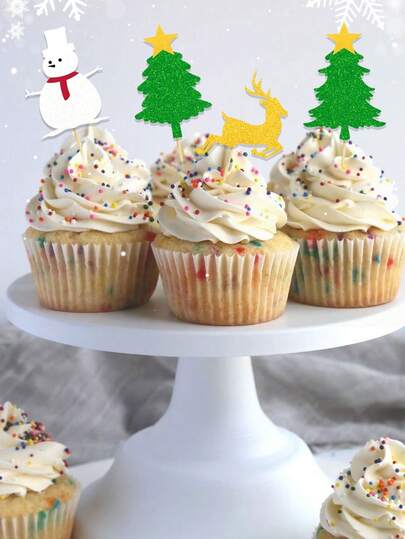 24pcs Christmas Cupcake Toppers, Christmas Tree, Snowman, Reindeer Decorative Flags, Suitable For Christmas Party Decoration