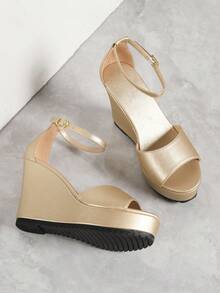 Women's Elegant Comfortable Platform Wedge Heel Sandals, Gold PU Peep Toe Adjustable Strap, Summer