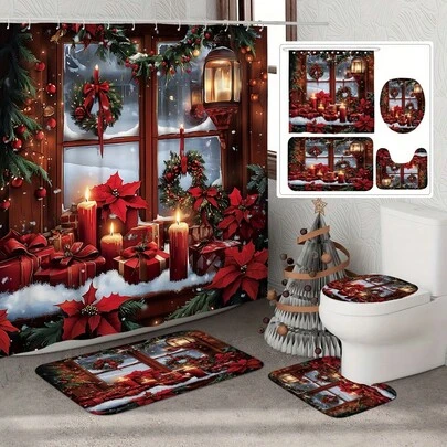 1/4 件圣诞浴帘套装，花环窗冬季场景红色涤纶可水洗圣诞浴室淋浴装饰，带 12 个挂钩防滑浴垫 U 型马桶座套