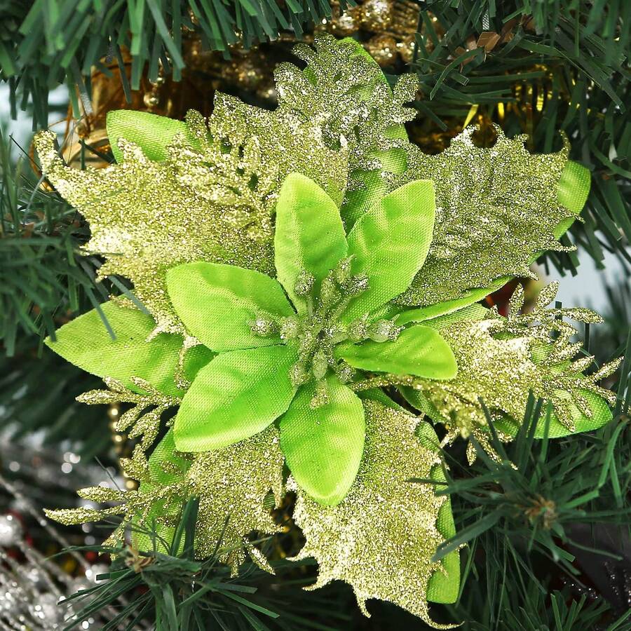 12pcs Christmas Poinsettia Artificial Flowers Decorations 5.5" Christmas Tree Wreaths Garland Decoration Glitter Flowers Picks Decor For Xmas New Year Wedding Party Ornaments - Green - View 1