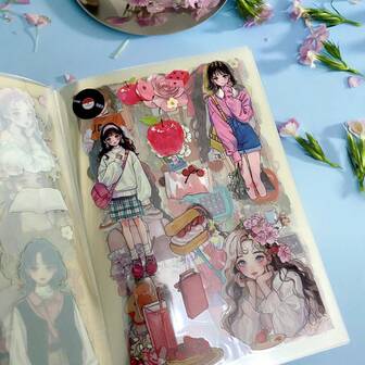 1 pieza Libro de pegatinas de estética vintage, Set de pegatinas de sombra floral y poesía - Pegatinas de PET de alta calidad, diseño de estética vintage, adecuado para diarios de balas, scrapbooking, fundas de teléfono, equipaje, portátiles, botellas de agua | Flores, personas, comida, plantas | Materiales de manualidades DIY