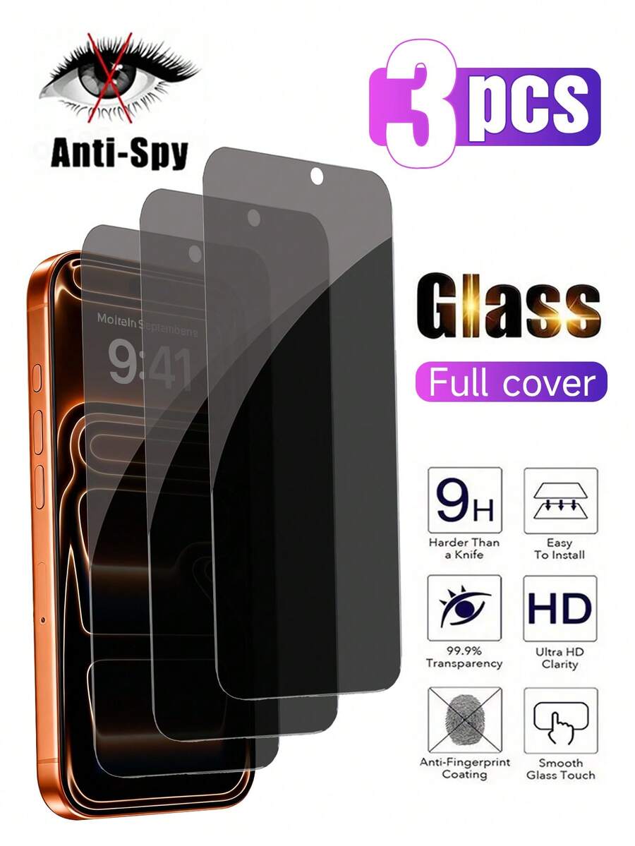 3pcs Privacy Screen Protector Compatible With Iphone 17 Pro Max, Made Of Tempered Glass, Anti-Peeping, Anti-Scratch, 9H Hardness, Sensitive Touch, Bubble-Free, Compatible With Iphone Series, Birthday Gift For Family And Friends, Smartphone Accessories, Waterproof, Shockproof, Anti-Fall, Anti-Fingerprint, Full Coverage