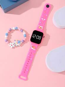 2 款女孩款独角兽蝴蝶美人鱼时尚百搭儿童手表。适合学生时尚学习用品。方形 LED 手表，价格实惠，适合返校季。手链式数字电子手表和串珠独角兽蝴蝶美人鱼手链。 - 玫紅色 - 查看 2