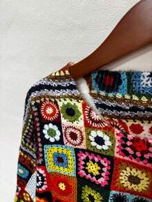 大码波西米亚风格全印花彩色方形针织套头衫，长款落肩，圆领，常规长度，罗纹针织细节，略有弹性，适合秋冬季 - 彩色 - 查看 3