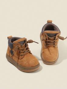 1 Pair Kids Unisex PU Criss-Cross Lace-Up Round Toe Thick Sole Flat Heel Cute Ankle Boots, Versatile Retro Casual Shoes Suitable For All Seasons - Yellow - View 4