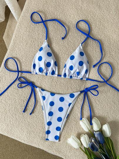 女士性感时尚年轻清新甜美休闲运动度假沙滩旅行派对波尔卡圆点吊带比基尼泳装，性感两件套，春夏新品