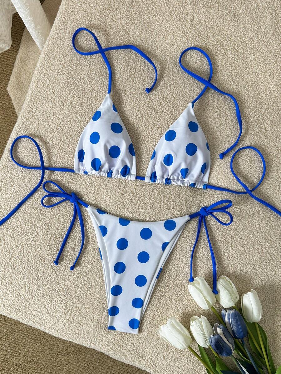 女士性感时尚年轻清新甜美休闲运动度假沙滩旅行派对波尔卡圆点吊带比基尼泳装，性感两件套，春夏新品 - 彩色 - 查看 1