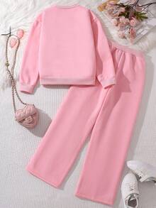 Left Mama 2pcs/Set Tween Girl Floral Print Sweater Top & Straight Pants Set, Autumn/Winter - Pink - View 2