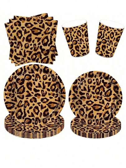 8pcs Leopard Print Party Tableware Set, Leopard Print Plates, Party Supplies, Brown Leopard Print Birthday Decor, Plates, Napkins, Suitable For Wild Animal Leopard Print Themed Birthday Party/Theme Party/Holiday/Family Picnic, Celebration, Mother's Day, Graduation Ceremony Gift