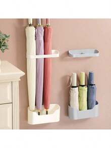 2 Pieces/1 Set: Non Drilling Wall Mounted Umbrella Holder With Drip Tray - Modern Long Handle Folding Umbrella Storage Rack - Multicolor - View 10