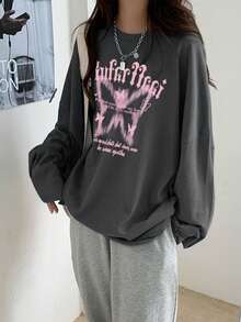 New Autumn/Winter Women Round Neck Butterfly & Letter Print T-Shirt, Casual Lovely Oversized Drop Shoulder Long Sleeve Tee Top