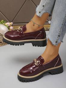 女士厚底坡跟一脚蹬鞋，优雅学院风纯金属装饰，女士乐福鞋 - 酒紅色 - 查看 4