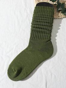 1/3/5 Đôi tất dài đến đầu gối phong cách Hàn Quốc đa năng dành cho nữ, phong cách Lolita, tối giản, màu trơn (Chỉ có tất, không có bảng tất) - xanh quân đội - Xem 3