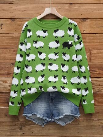 Sheep Pattern Crew Neck Sweater, Casual Long Sleeve Sweater , Women's Clothing