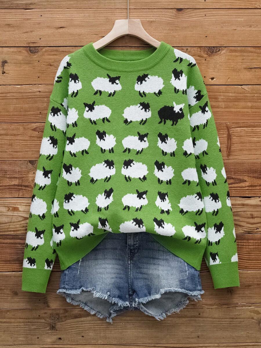 Sheep Pattern Crew Neck Sweater, Casual Long Sleeve Knit Sweater, Women - Green - View 1