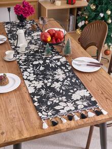 1 buc. Față de masă jacquard cu ciucuri și motive florale negre, față de masă dreptunghiulară în stil vintage american rustic, potrivită pentru zi cu zi, sărbători, reuniuni de familie, nunți, banchete, decorațiuni interioare, consumabile hoteliere de înaltă calitate, ceai de după-amiază - Negru - Vizualizare 5