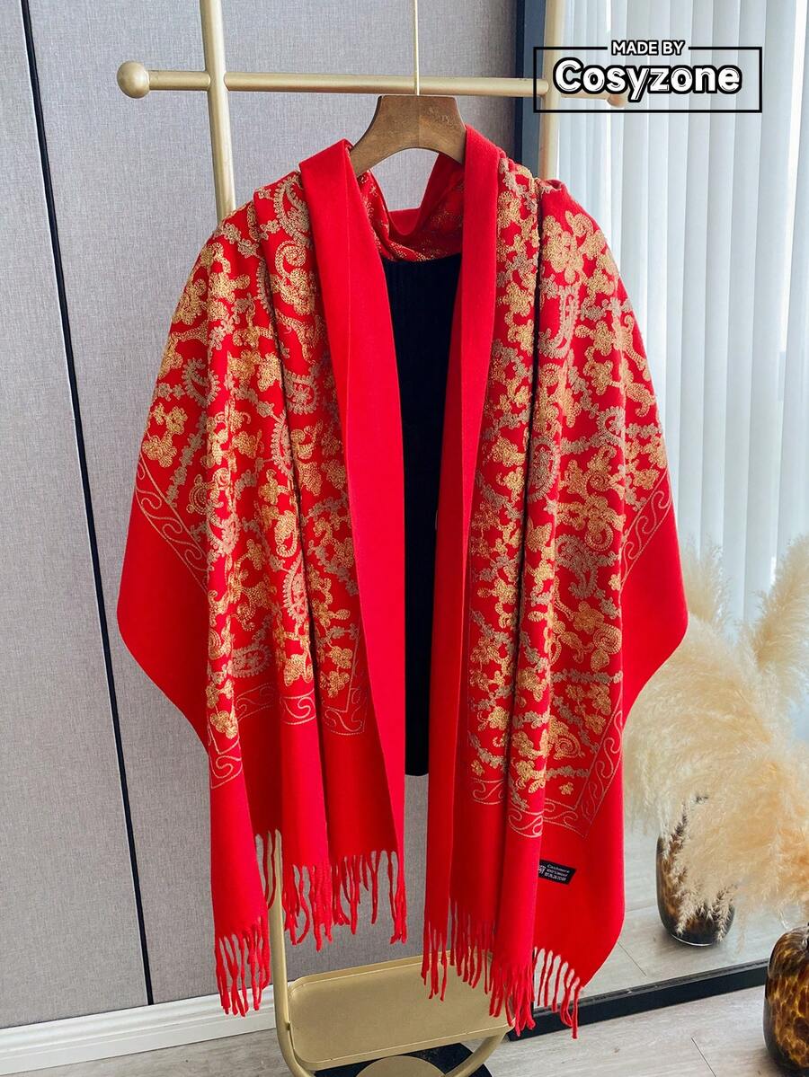 1pc Faux Cashmere Paisley Floral Embroidered Scarf, High-End Palace Style, Fashion Versatile Thick Warm Tassel Shawl Wrap For Women, Autumn/Winter, Suitable As Gift For Women/Mothers, Daily Wear