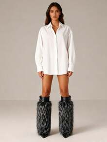 Punk Women Fold Over Boots Stiletto High Heel Rivit Buckle Fur Furry Warmplush Luxury Design Fashion Mid Calf Winter Women Snow Shoes - 黑色 - 查看 4