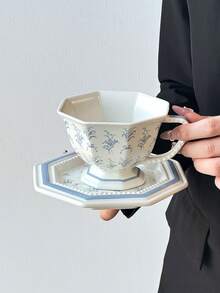 1pc European Elegant Ceramic Coffee Cup & Saucer Set, Vintage Chic Pink & Black Floral/Light Blue Floral Octagonal Mug, Embossed Design Coffee Cup, Suitable For Weekend/Afternoon Tea, Gathering With Friends, Tea & Coffee Drinking, Gift