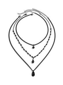 3pcs/Set Gothic Style Personalized Sweet And Cool Dark Rhinestone Black Blood Drop Tassel Necklace Choker For Women, Halloween Party Accessories, Halloween Gift For Friends - Black - View 11