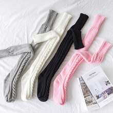 1 Pair Of Women's Over-The-Knee High Socks, Over-The-Knee Knitted Boots And Socks, Warm And Fashionable Warm Leg Covers For Winter, Solid Color Over-The-Knee Knitted Striped And Twisted Pattern Socks, Christmas Clothing, Warm Accessories, Y2k - màu đen - Xem 9