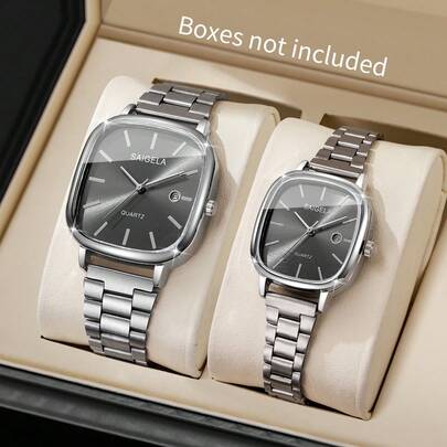 2 件/套时尚情侣简约表盘日历石英腕表，经典时尚