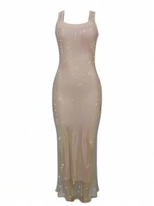 优雅性感吊带亮片网纱水钻露背连衣裙，展现女性魅力，适合派对、生日、毕业典礼等场合。