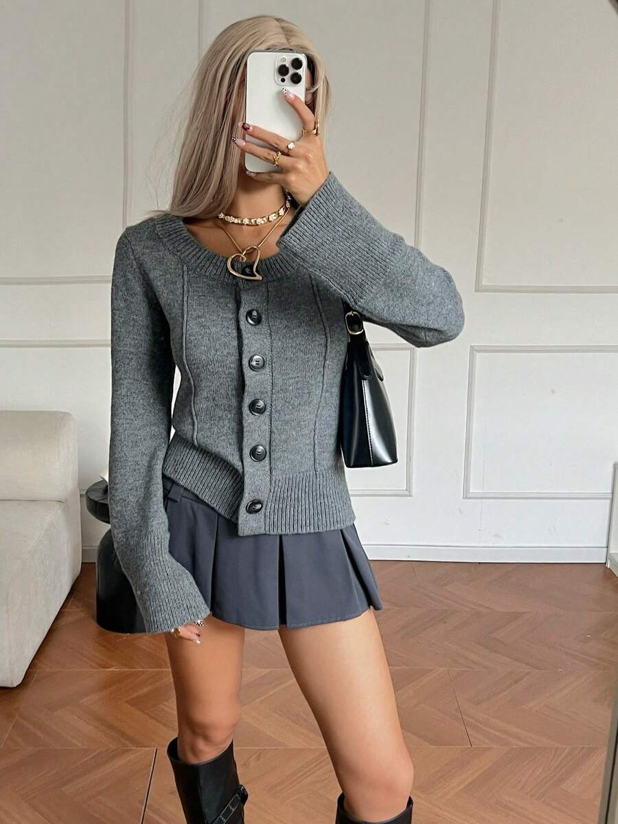 女装秋冬新款法式浪漫优雅淑女休闲百搭通勤针织开衫上衣 - 灰色 - 查看 1