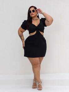 VESTIDO DE MANGA PLUS SIZE VERÃO TECIDO SOLTINHO DECOTE FRANZIDO SEXY CONFORTO LOOK VERÃO CURVE G1 E G2 - PRETO DUNA - Visão 11