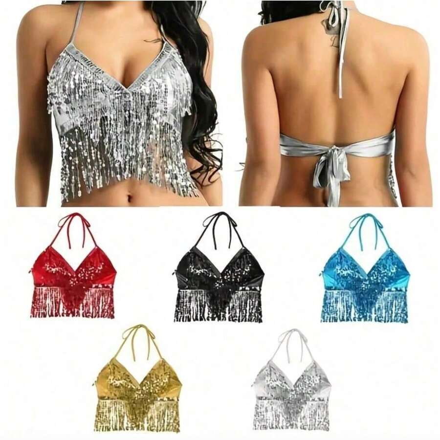 亮片流苏服装套装 肚皮舞服装 亮片歌手露背街头酒吧服装 沙滩裙 嘉年华 派对
