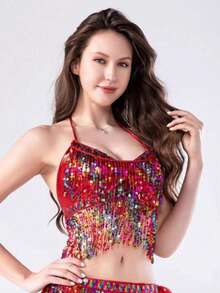 Carnival Sequin Tassel Costume Set, Belly Dance Outfit, Sequin Singer Backless Street Bar Outfit, Bohemian Style, Retro Style, Suitable For Festivals, Parties, Nightclubs, Beaches, Exotic Style Clothing Decoration - Multicolor - View 31