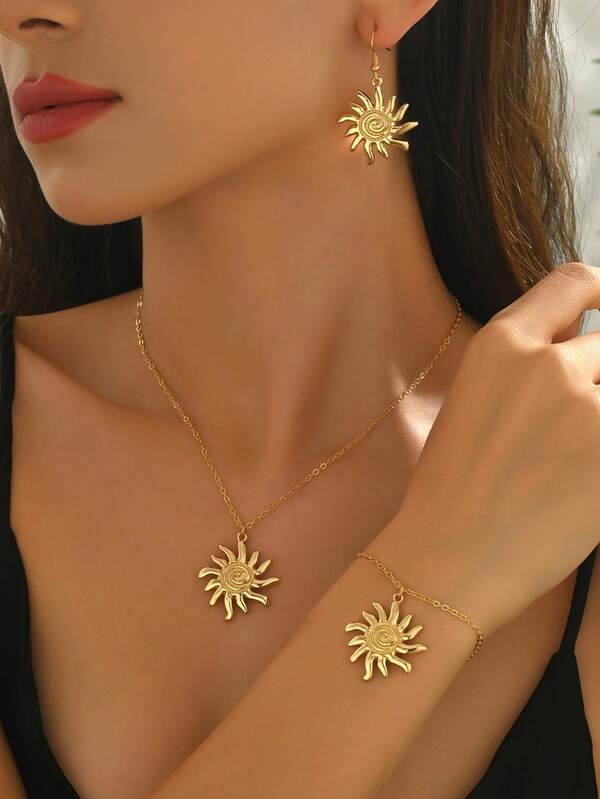 4 件套复古时尚太阳吊坠耳环项链手链首饰套装，适合日常佩戴和度假