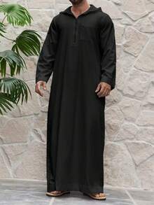 عباءة عربية تقليدية للرجال المسلمين، بلون أحادي، كاجوال، سحاب نصفي، أكمام طويلة، مزودة بقلنسوة - مشاهدة 1