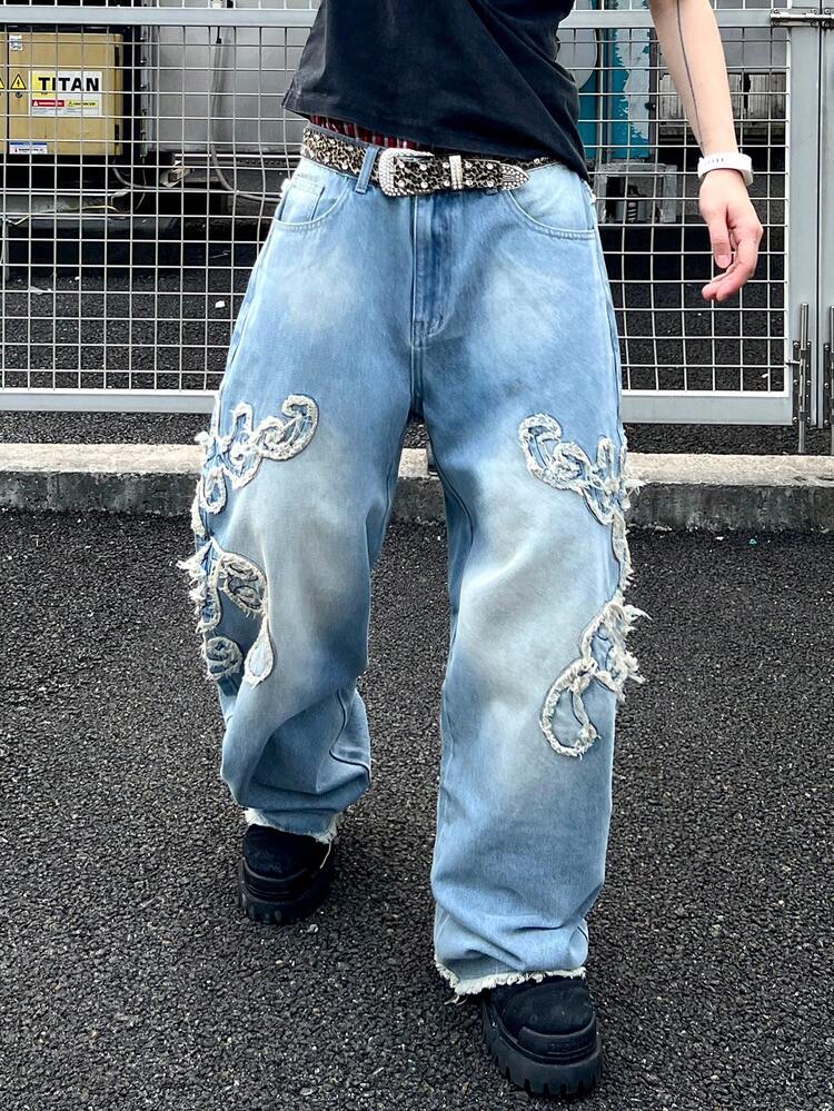 1 Stück amerikanische Streetwear Jeans mit besticktem ausgefranstem Saum und weitem Bein, bequeme und modische vielseitige Jeanshose (Produkt beinhaltet nicht Gürtel und Accessoires) - Blau - Übersicht 6
