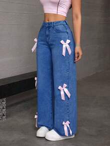 Women's Casual And Fashionable Loose Straight Leg Jeans, Paired With Bow Decorations, Charming And Beautiful, Suitable For All Seasons, Mid Waist Shooting, Suitable For Parties/Dances, Parties, Birthday Parties, Banquets, Nightclubs, Nightclubs, Music Festivals, Concerts - Màu xanh lam - Xem 5