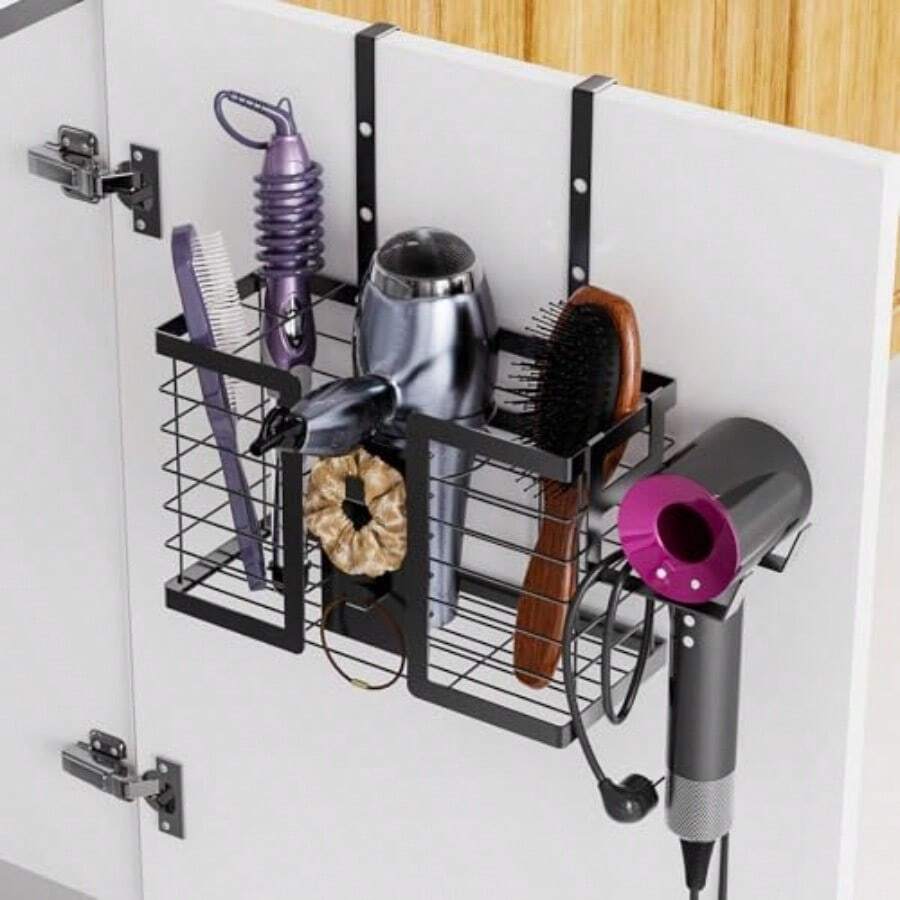 POJHK Hair Dryer Holder Hair Tool Organizer 3 In 1 Metal Bathroom Organizer Adjustable Height Blow Dryer Holder Wall Mounted Under Sink Countertop For Flat Curling Iron Hair Straighteners - 黑色 - 查看 1