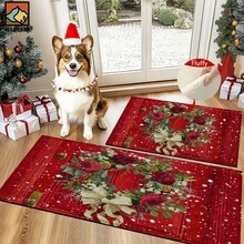 1pc Christmas Rose Pattern Bathroom Anti-Slip Mat, Made Of Artificial Cashmere With Plush Decoration, Is Suitable For Bathrooms, Doorways, Kitchens And Other Occasions. It Can Be Machine Washed, Is A Holiday Decoration And Can Be Given As A Gift
