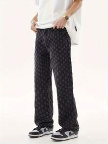 Black Jacquard Full Print Flared Jeans Men's European And American High Street Vibe Straight Loose Narrow Version Casual Wide Leg Pants - 黑色 - 查看 5